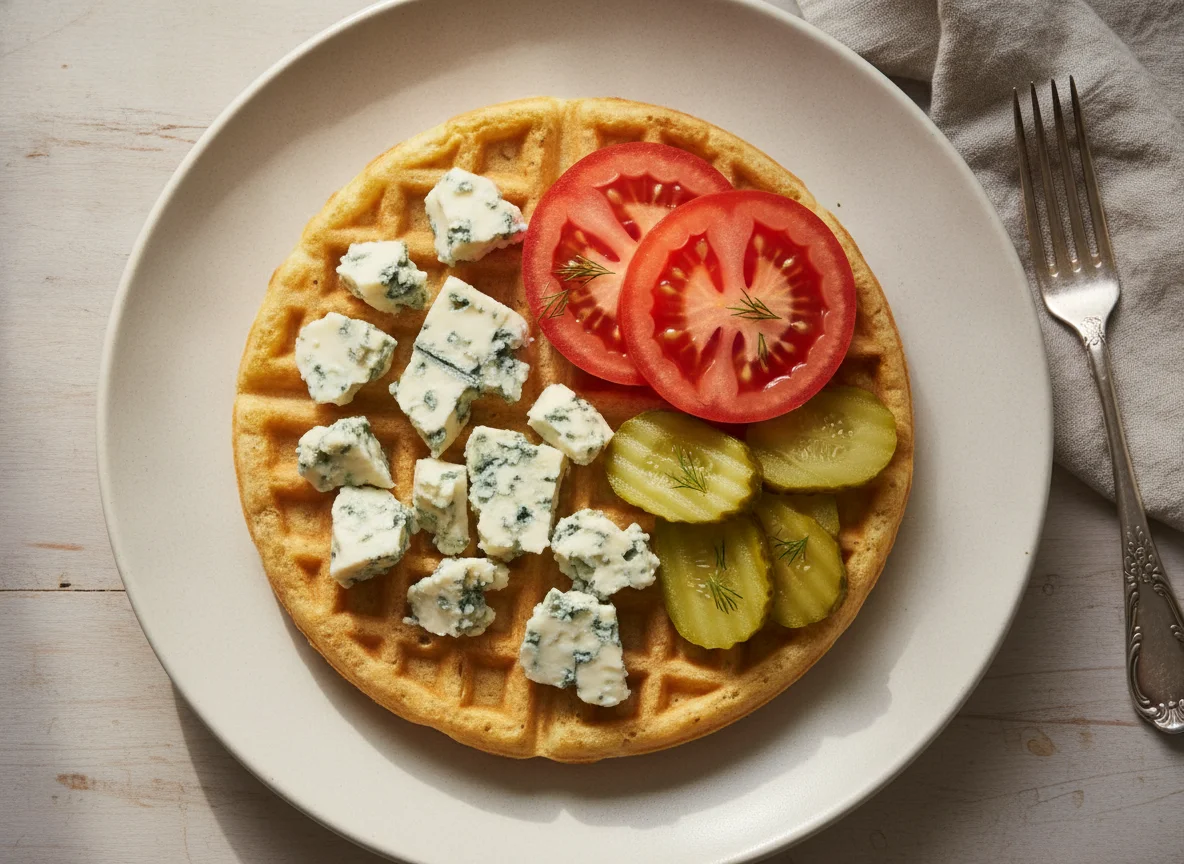 Maiswaffel mit Blauschimmelkäse, Tomate und Gewürzgurke photo