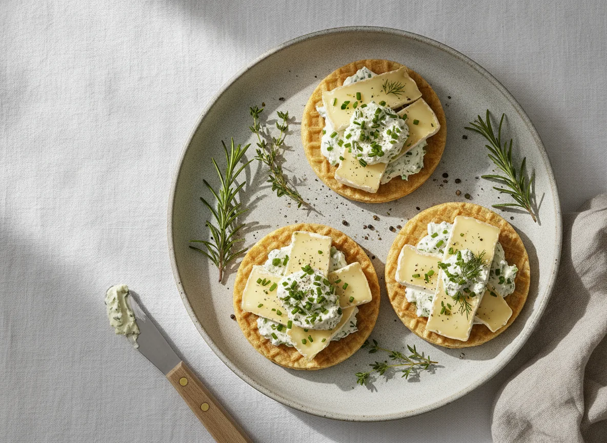 Maiswaffeln mit Camembert und Kräuterfrischkäse photo