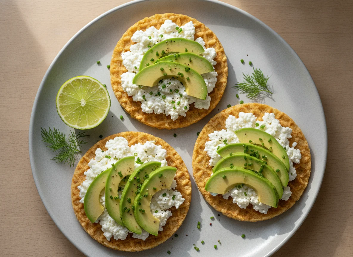 Maiswaffeln mit Hüttenkäse und Avocado photo
