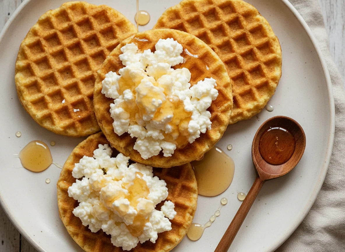 Maiswaffeln mit Hüttenkäse und Honig photo