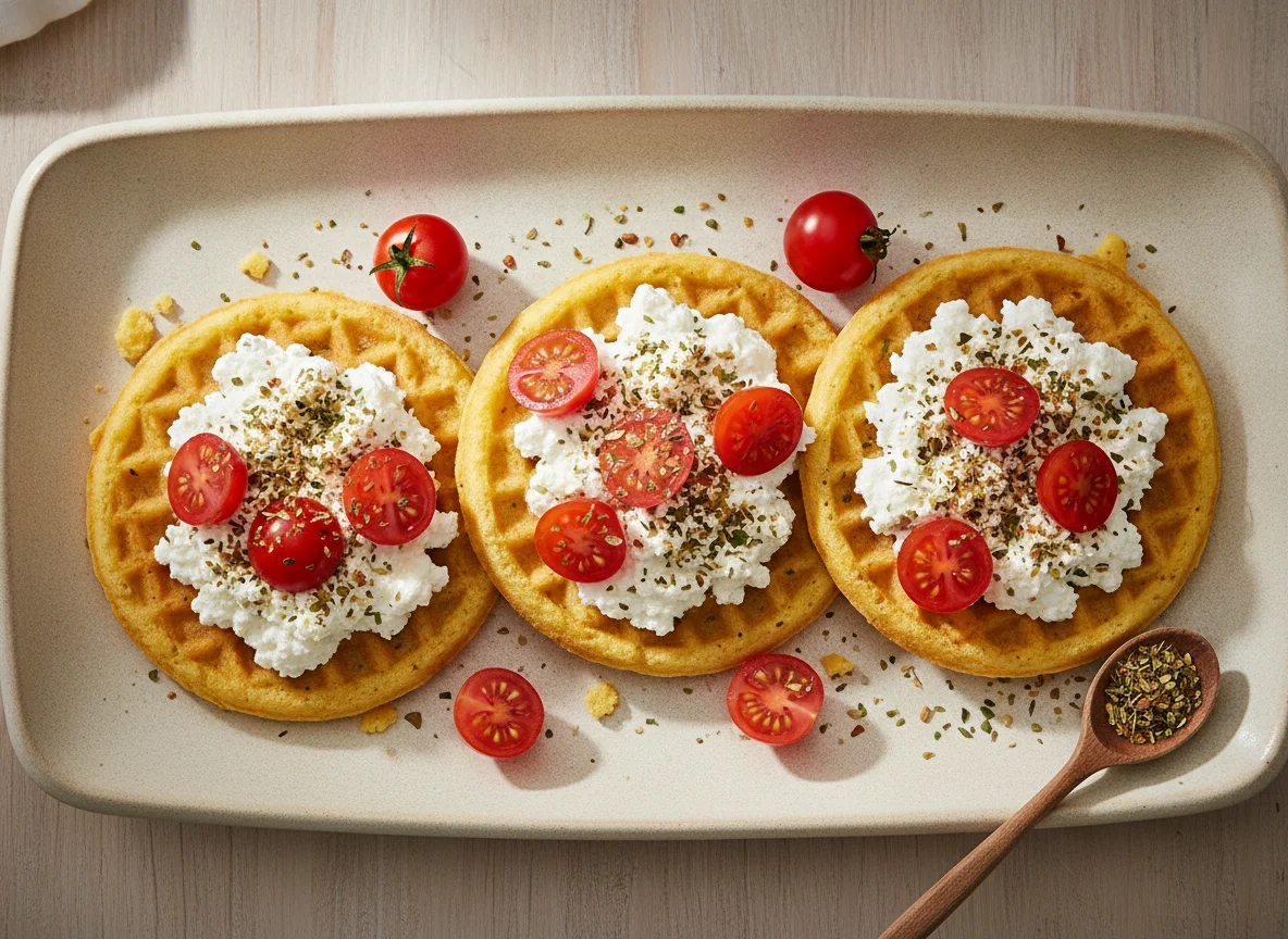 Maiswaffeln mit Hüttenkäse und Kirschtomaten photo