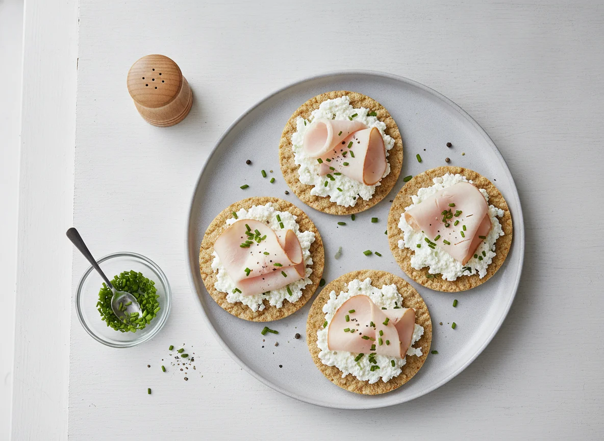 Maiswaffeln mit Hüttenkäse und Putenbrust photo