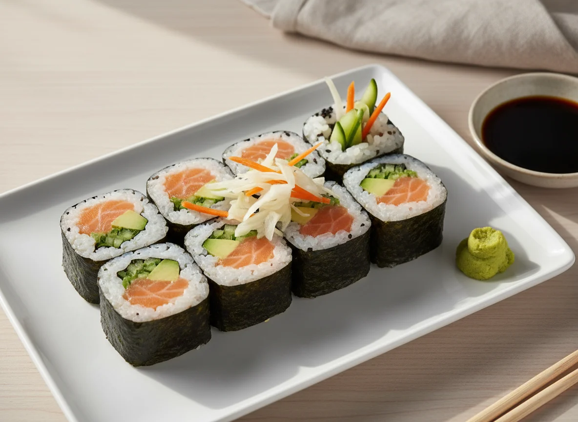 Maki Sushi mit Lachs, Avocado, Gurke und Gemüse photo