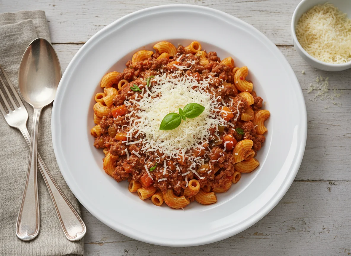 Makkaroni Bolognese mit Parmesan photo