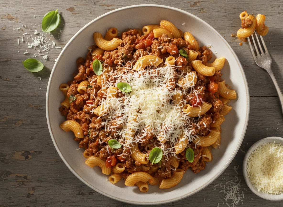 Makkaroni mit Bolognese und Parmesan photo