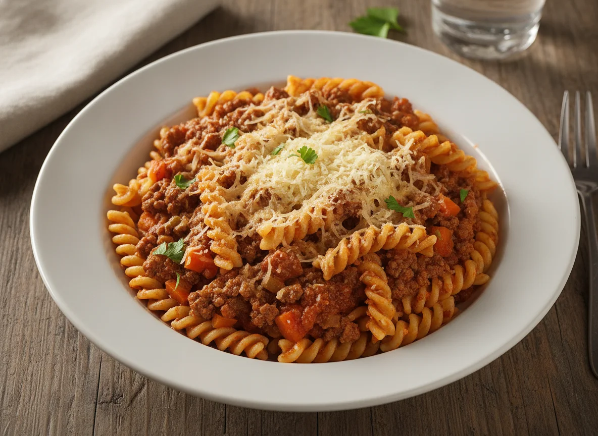 Makkaroni mit Bolognese-Sauce und Käse photo