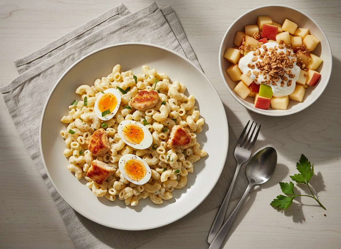 Makkaroni mit Eiern und Obstsalat photo