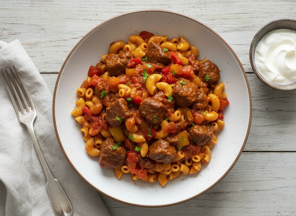 Makkaroni mit Gulasch photo