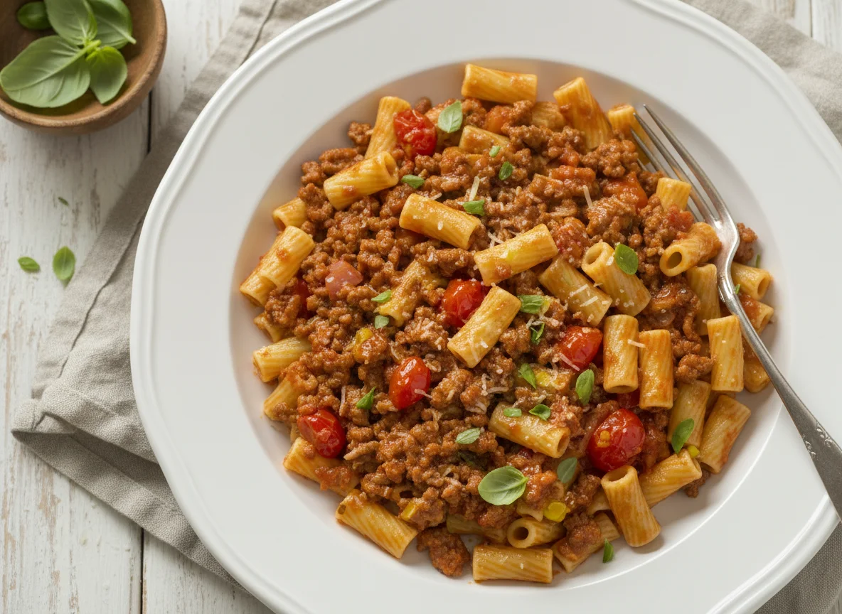Makkaroni mit Hackfleisch und Tomatensauce photo