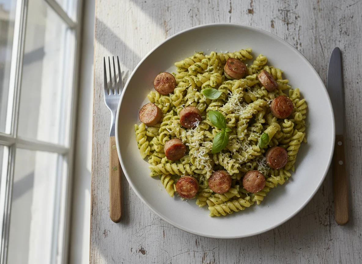 Makkaroni mit Pesto und Wienerli photo