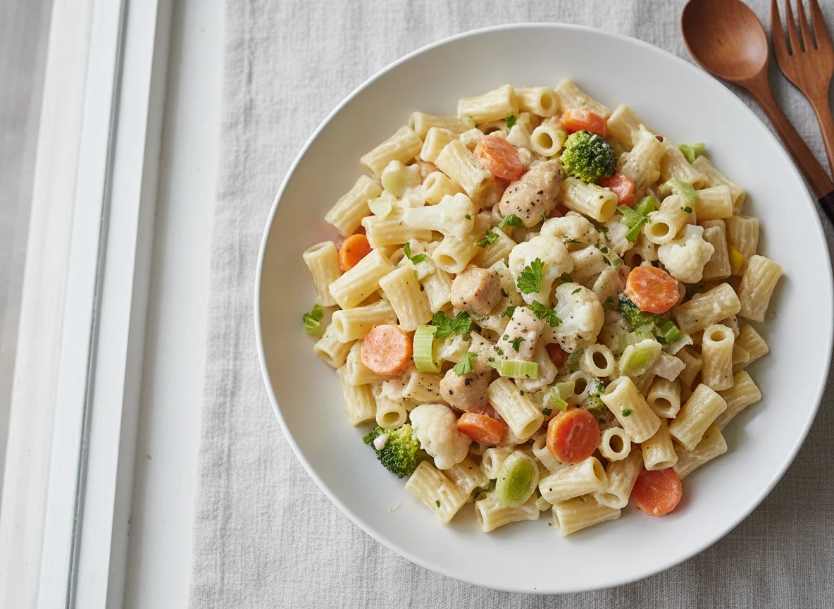 Makkaroni mit Rahmsauce und Gemüse photo