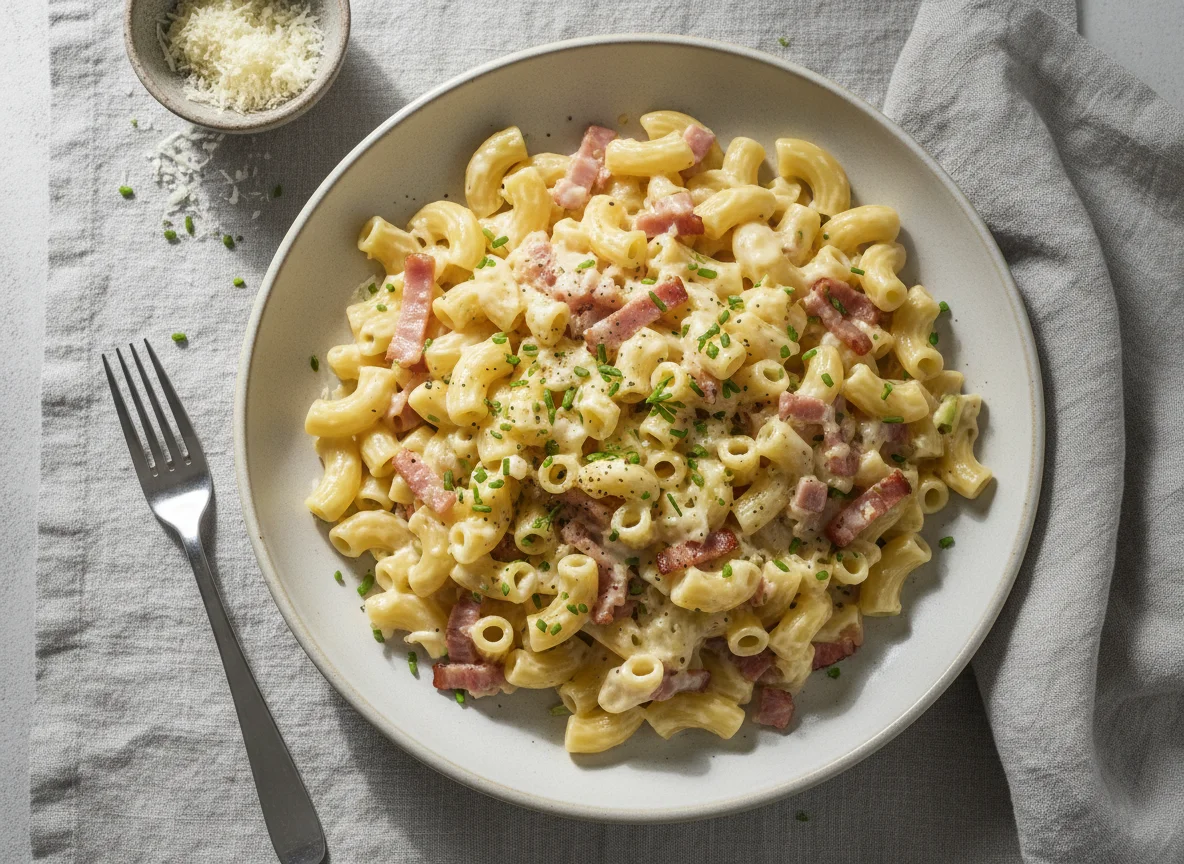Makkaroni mit Schinkenstreifen photo