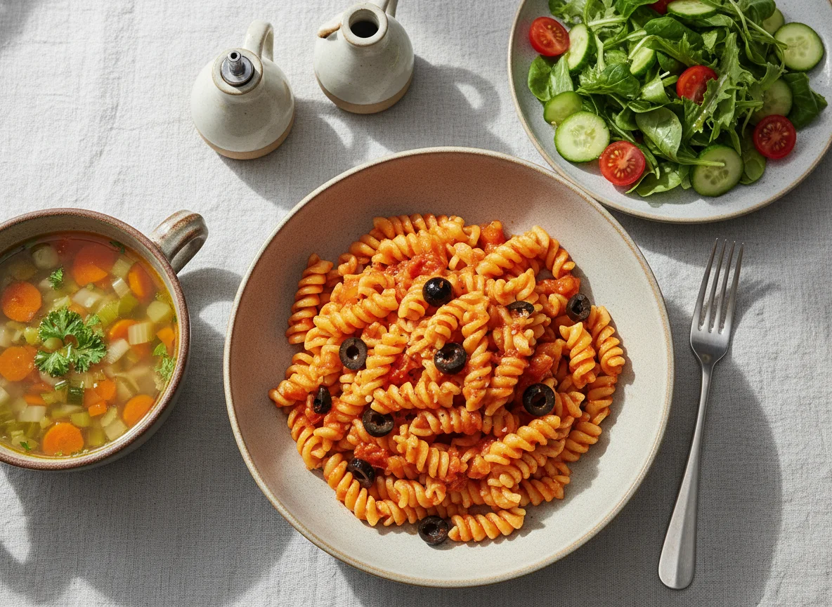Makkaroni mit Tomatensauce, Beilagensalat und Suppe photo