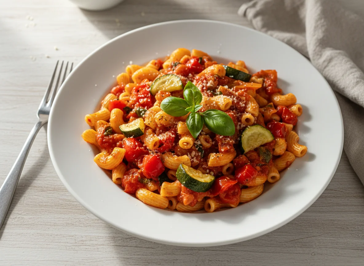 Makkaroni mit Tomatensauce und Gemüse photo