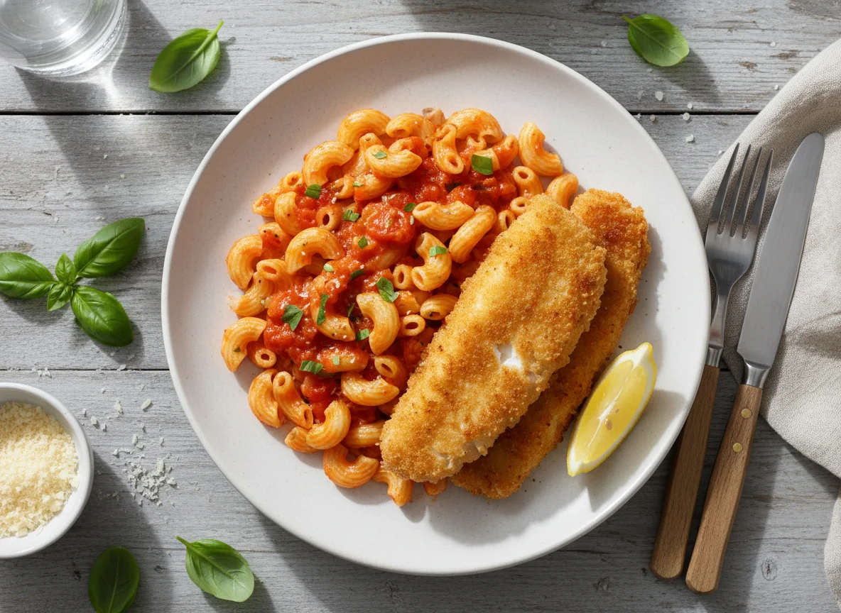 Makkaroni mit Tomatensauce und paniertem Fisch photo
