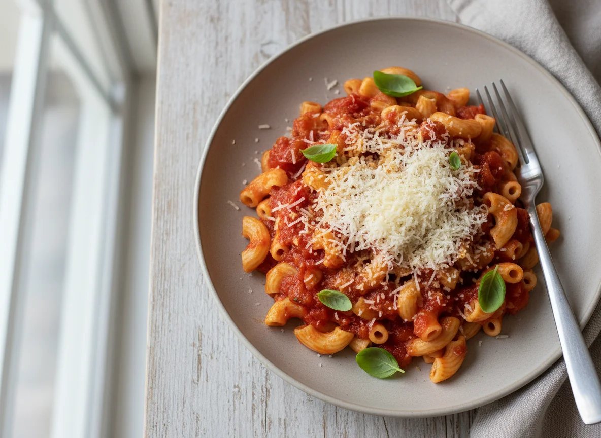 Makkaroni mit Tomatensauce und Parmesan photo