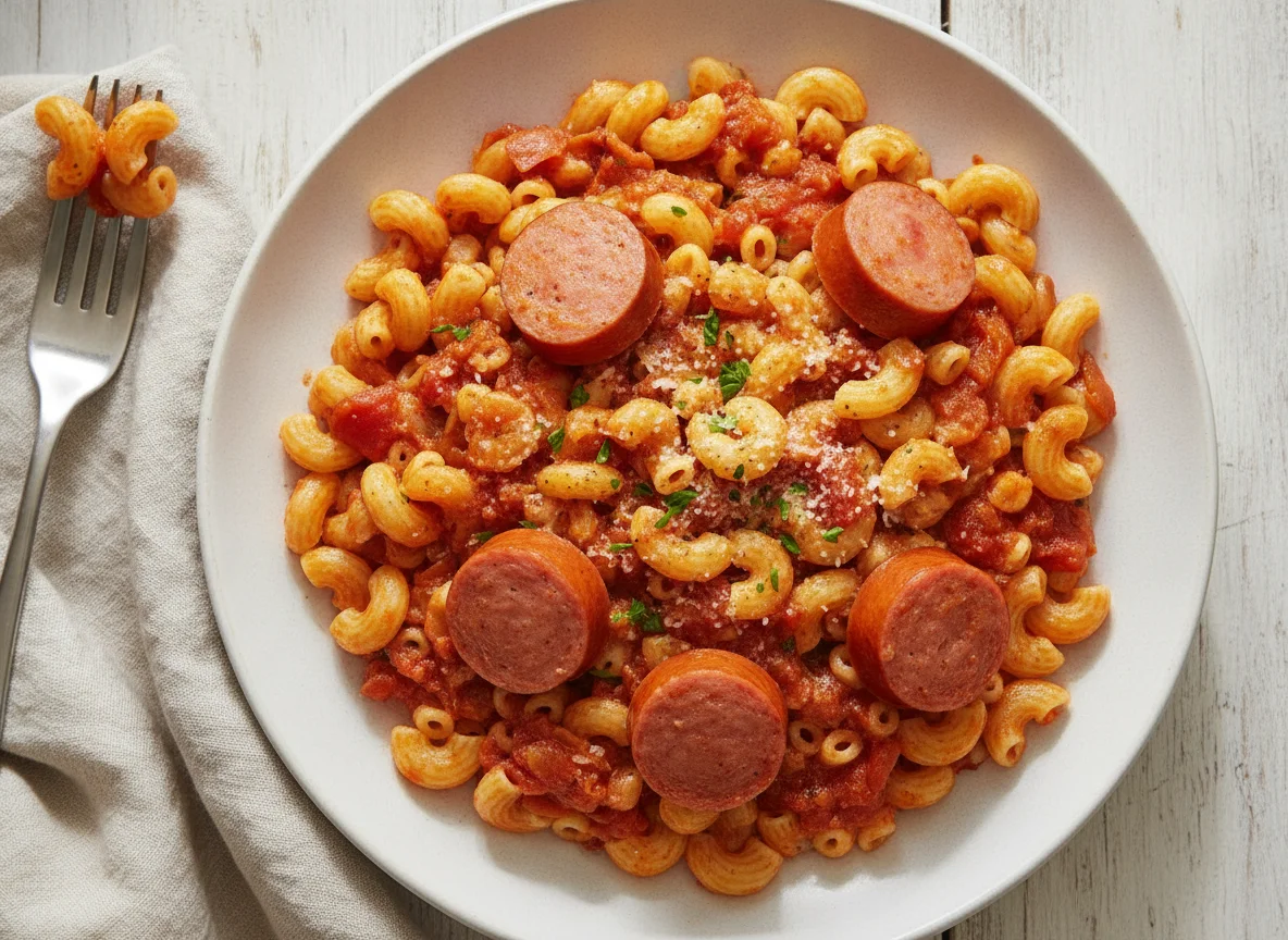 Makkaroni mit Tomatensauce und Würstchen photo
