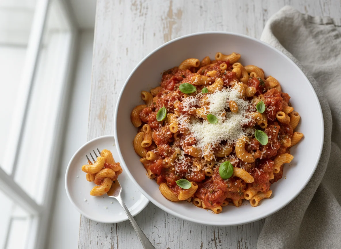 Makkaroni mit Tomatensoße und Parmesan photo