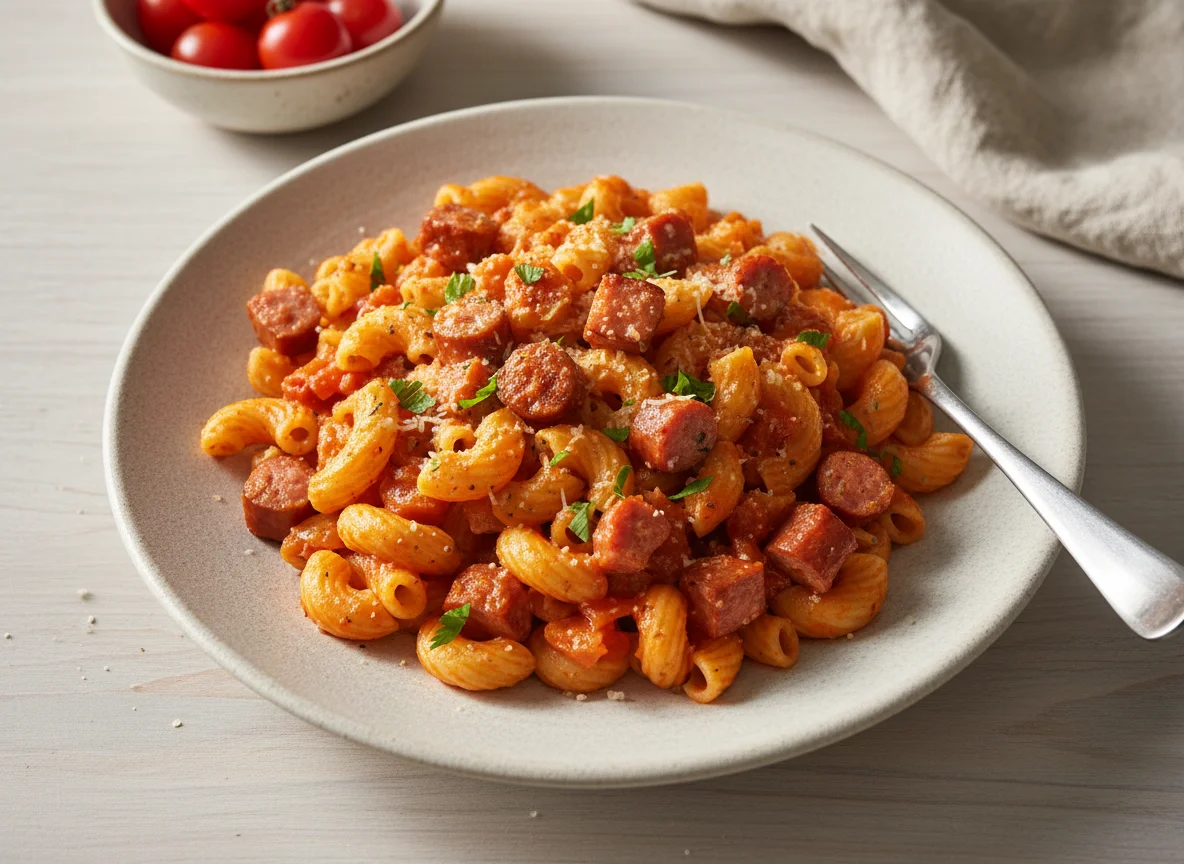 Makkaroni mit Wurst und Tomatensauce photo
