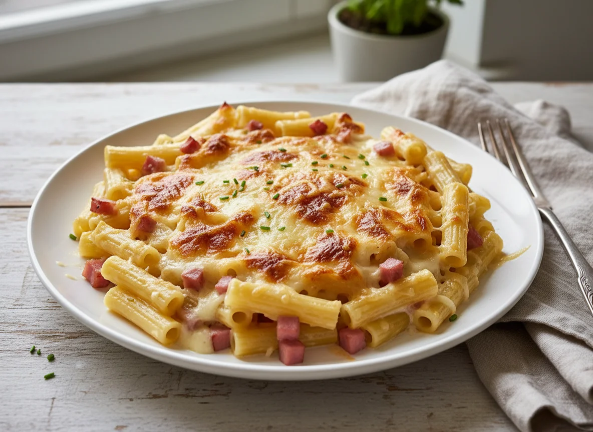 Makkaroni-Auflauf mit Schinken und Käse photo