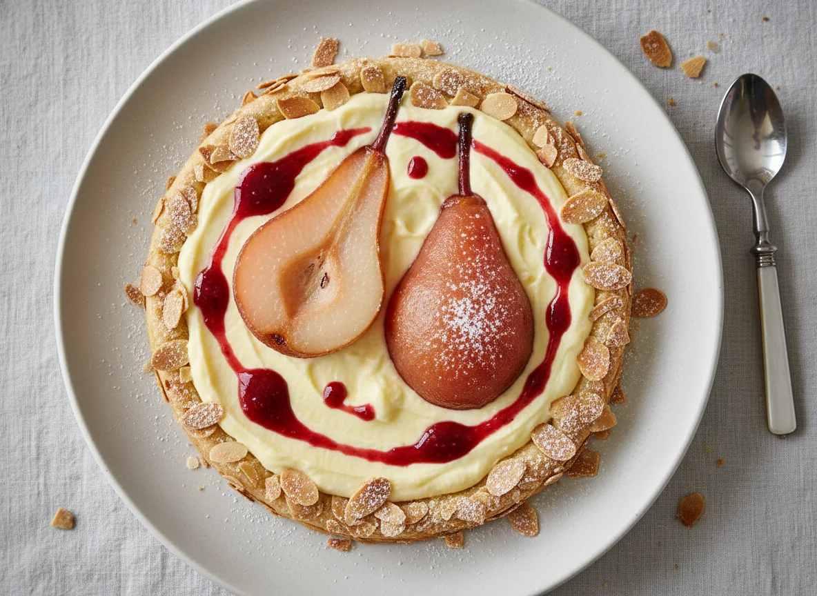Mandel-Tartelette mit pochierten Birnen und Vanillecreme photo
