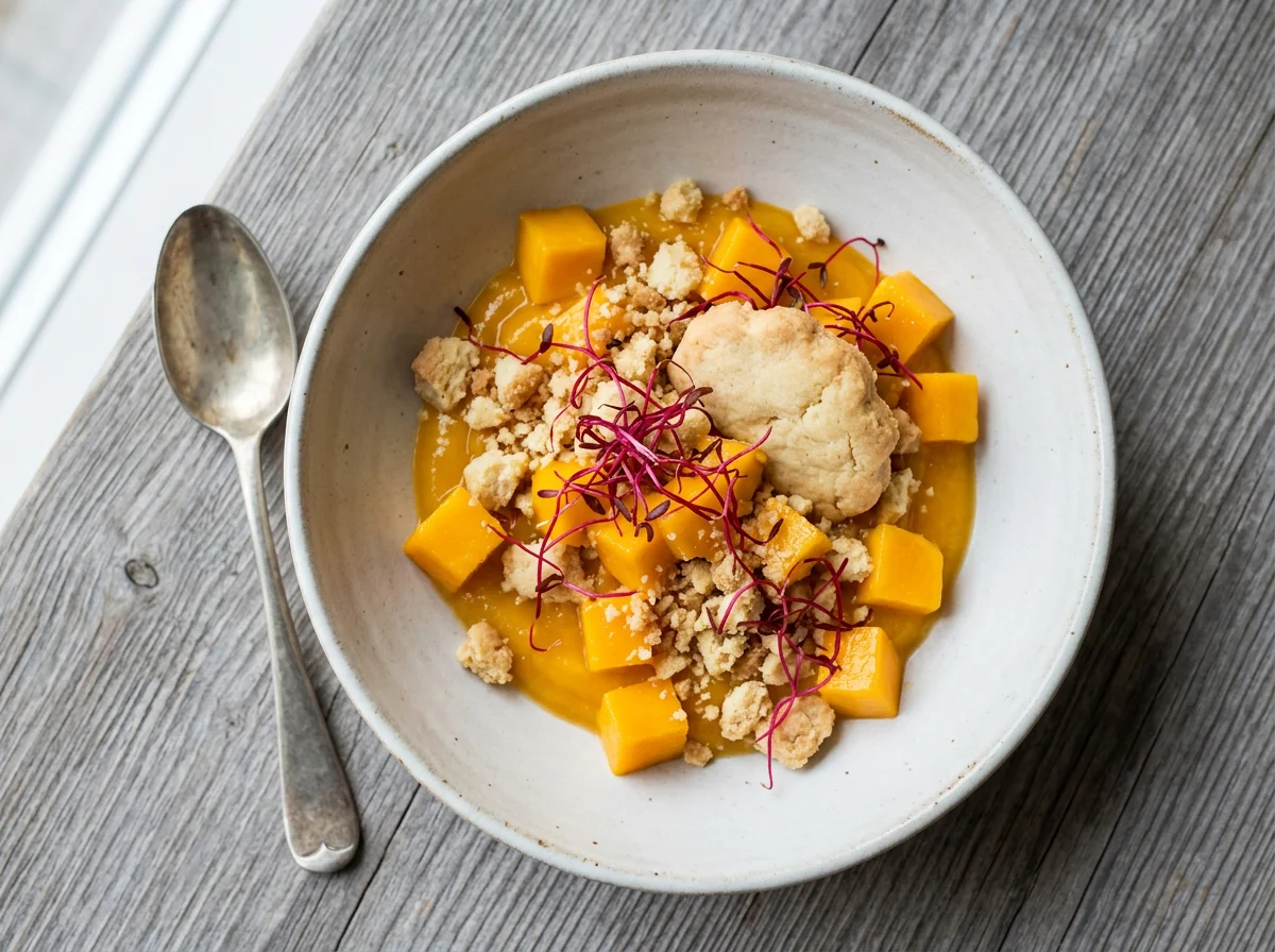 Mango-Dessert mit Keks und Sprossen photo