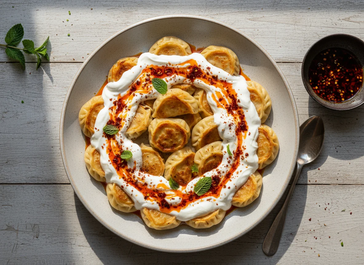 Manti mit Joghurt und scharfer Sauce photo