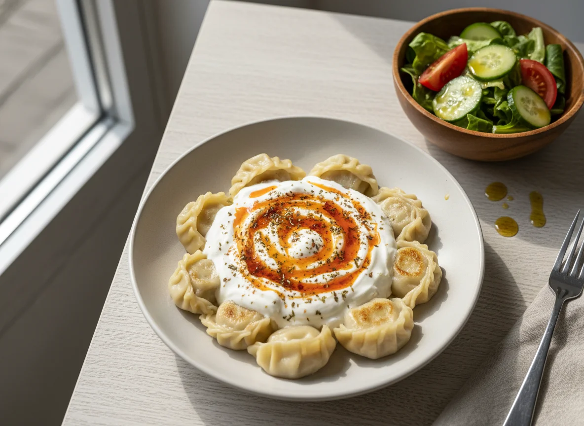 Manti mit Joghurtsoße und Beilagensalat photo