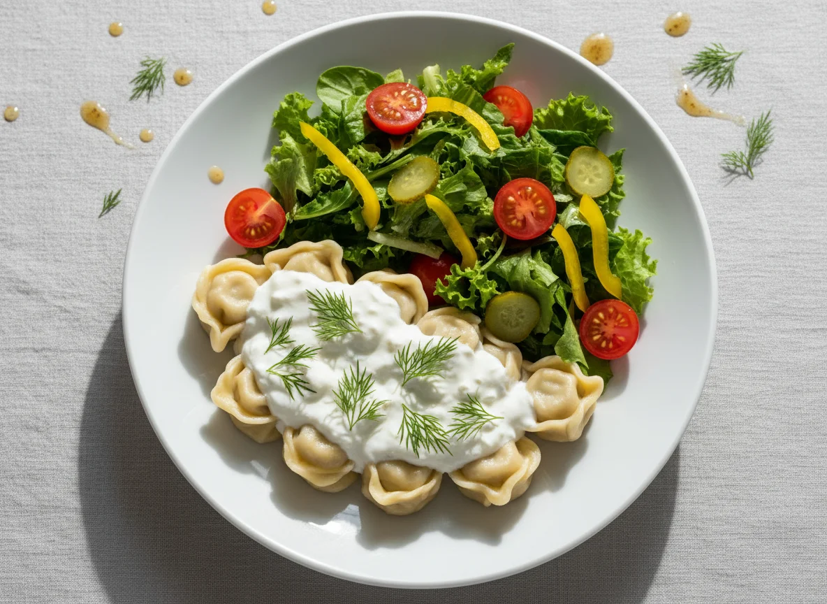 Manti mit Salat und Gurke photo