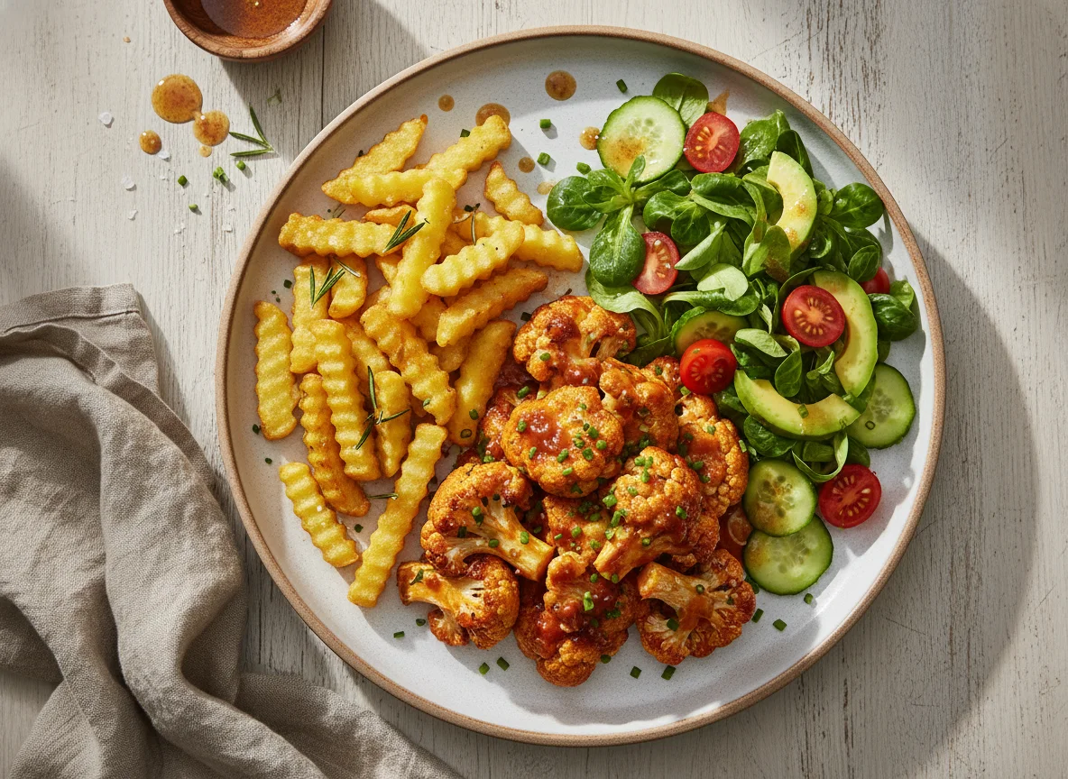 Marinierte Blumenkohl-Wings mit Pommes und Salat photo