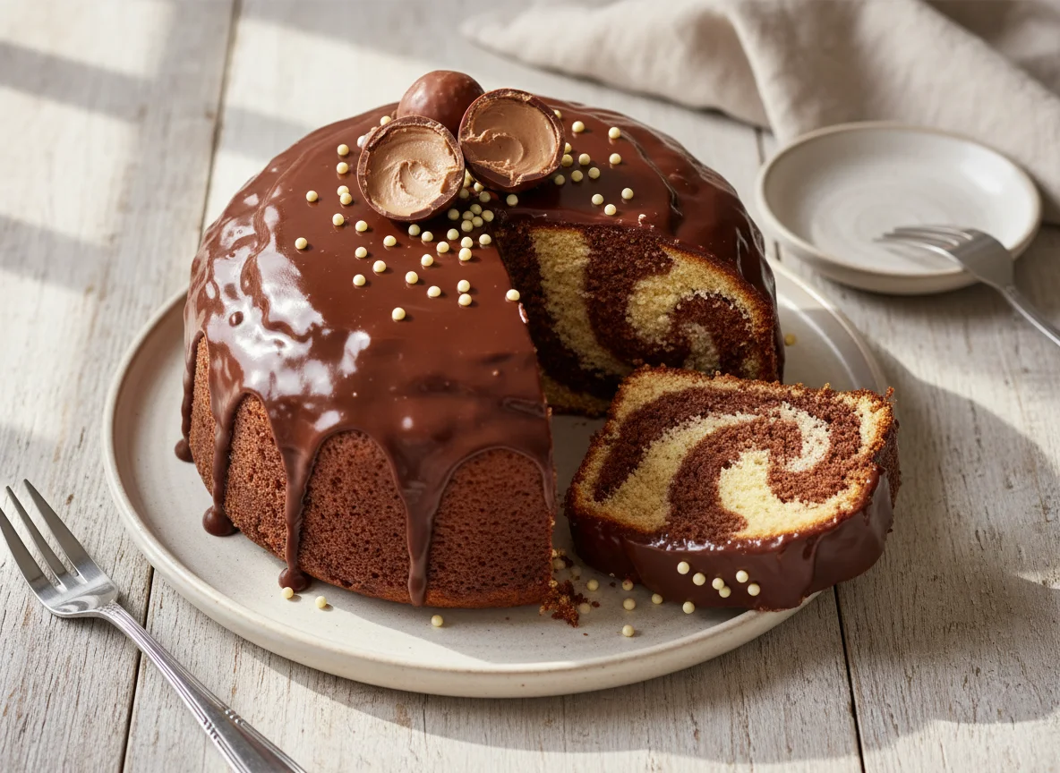 Marmorkuchen mit Schokoladenüberzug photo