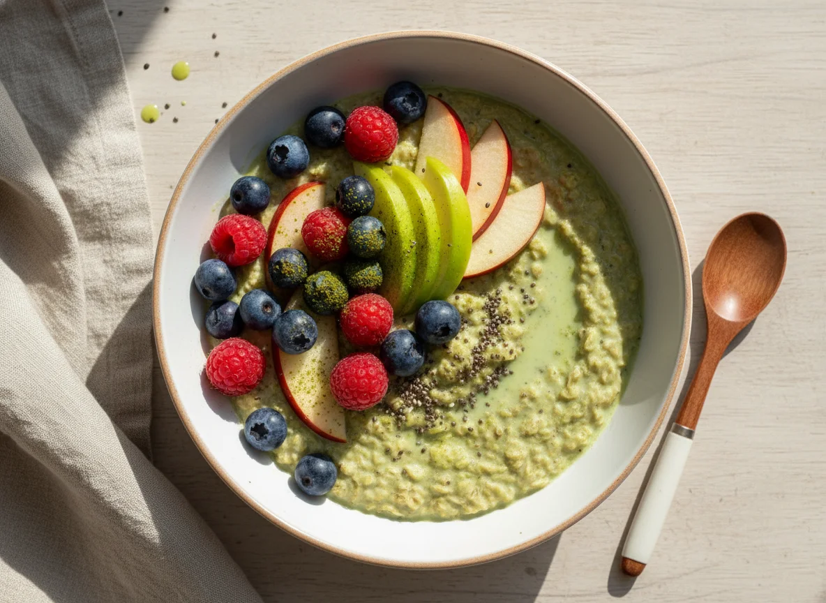 Matcha Haferflocken mit Beeren und Apfel photo