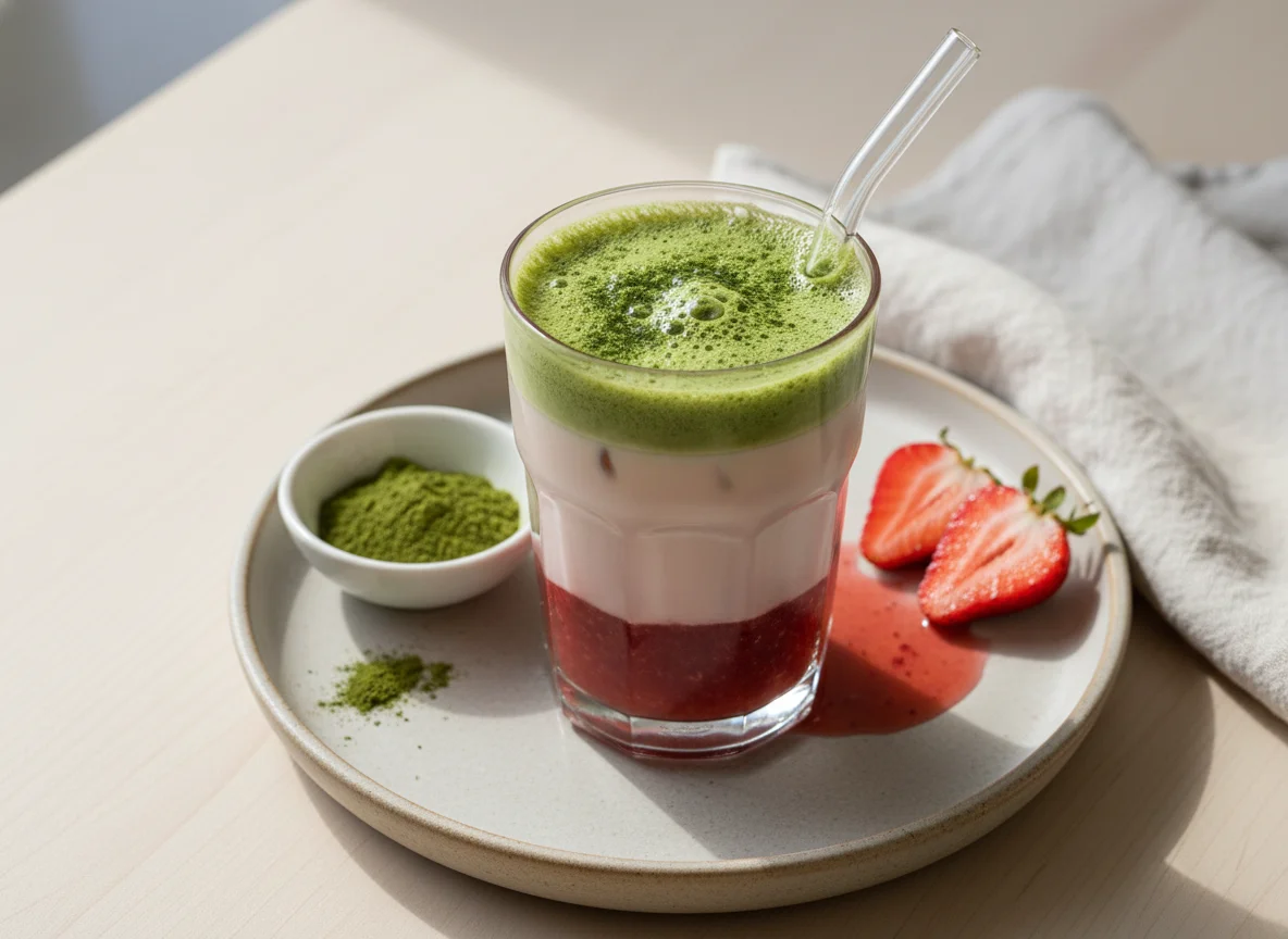 Matcha Latte mit Erdbeersirup photo