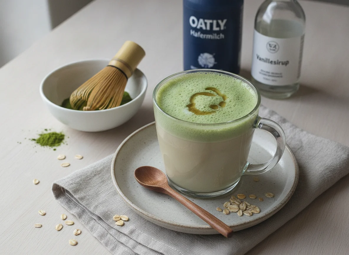 Matcha Latte mit Hafermilch und Vanillesirup photo
