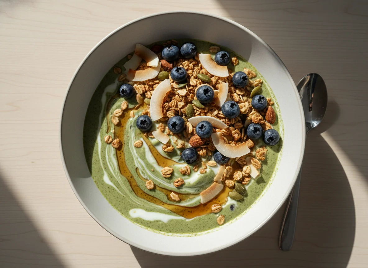 Matcha Vanille Milch und Joghurt Bowl mit Beeren und Müsli photo