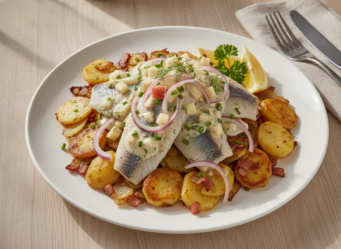 Matjes Hausfrauenart mit Bratkartoffeln photo