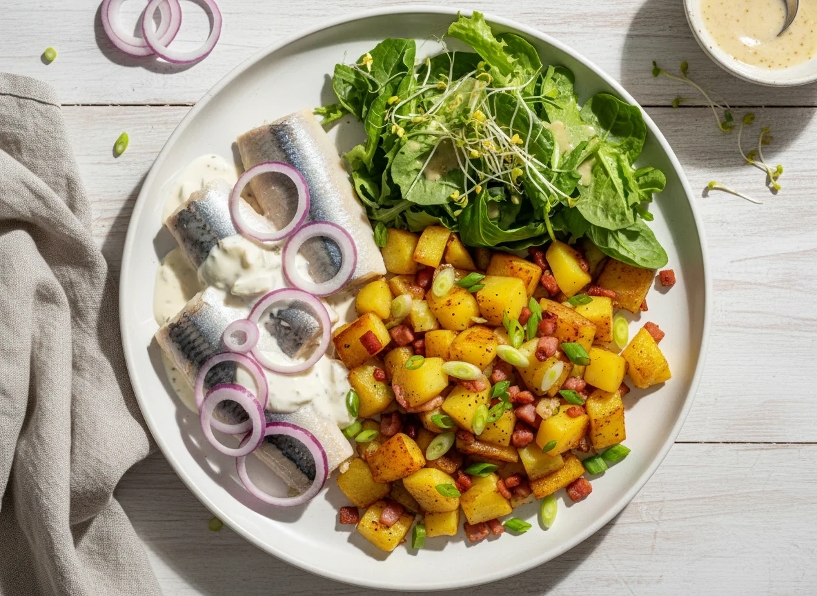 Matjes mit Bratkartoffeln und Salat photo