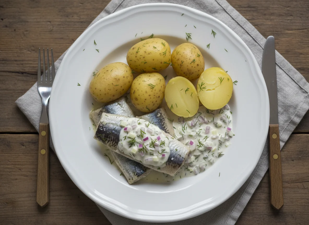 Matjes mit Pellkartoffeln und Sahnesauce photo