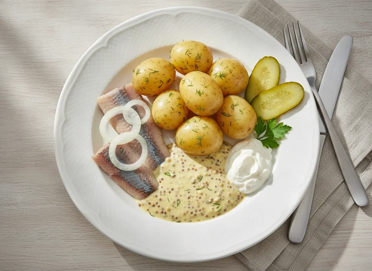 Matjes mit Salzkartoffeln und Senfsauce photo