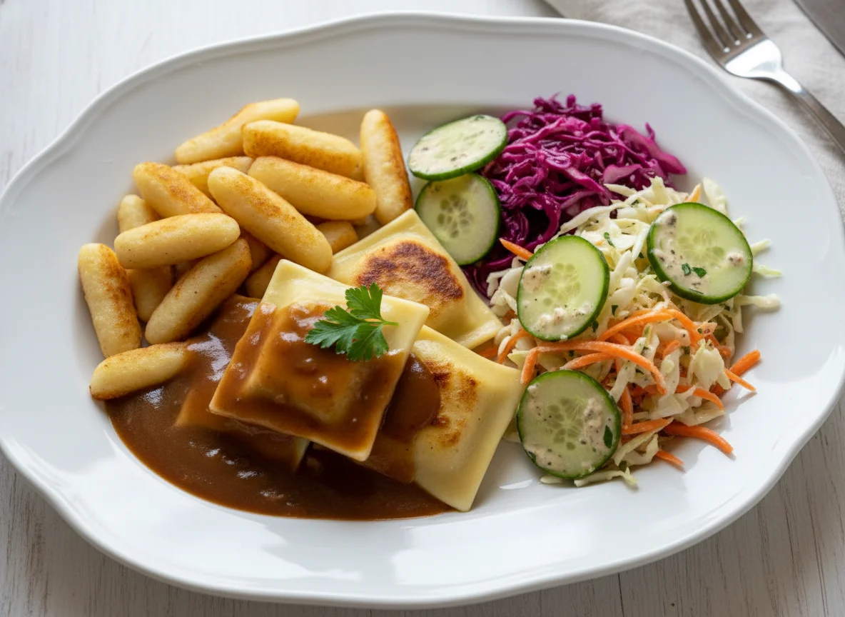 Maultasche mit Schupfnudeln und Salat photo