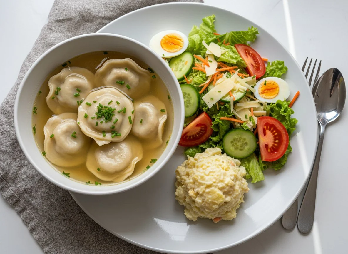 Maultaschen in Brühe mit Beilagensalat photo