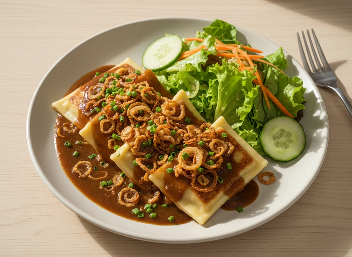 Maultaschen mit Bratensoße und Salat photo