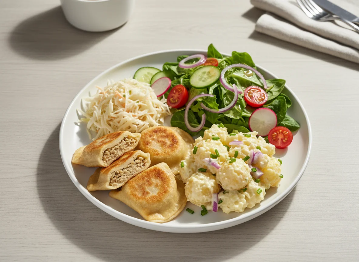 Maultaschen mit Kartoffelsalat, Krautsalat und gemischtem Salat photo