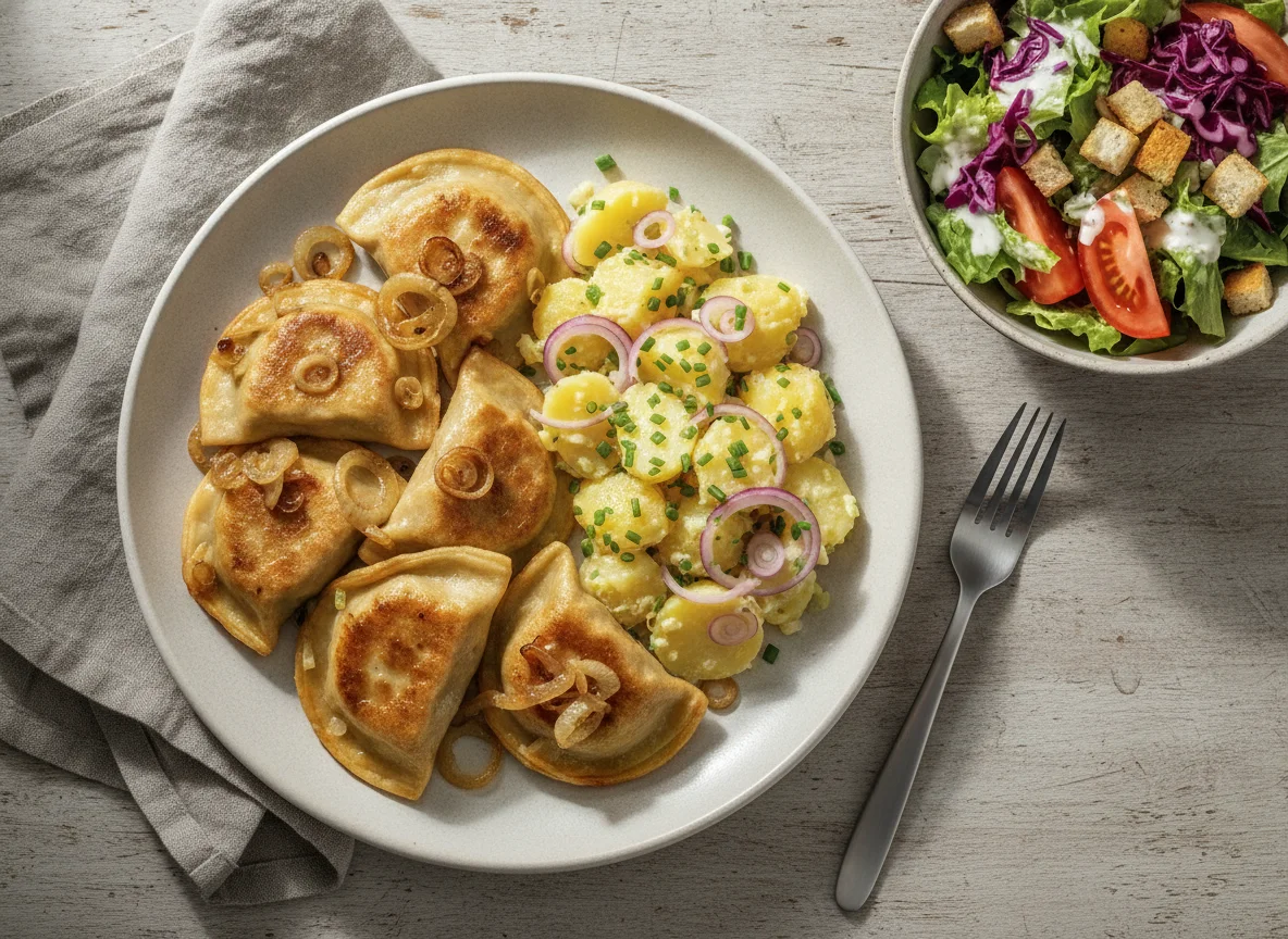 Maultaschen mit Kartoffelsalat und Beilagensalat photo