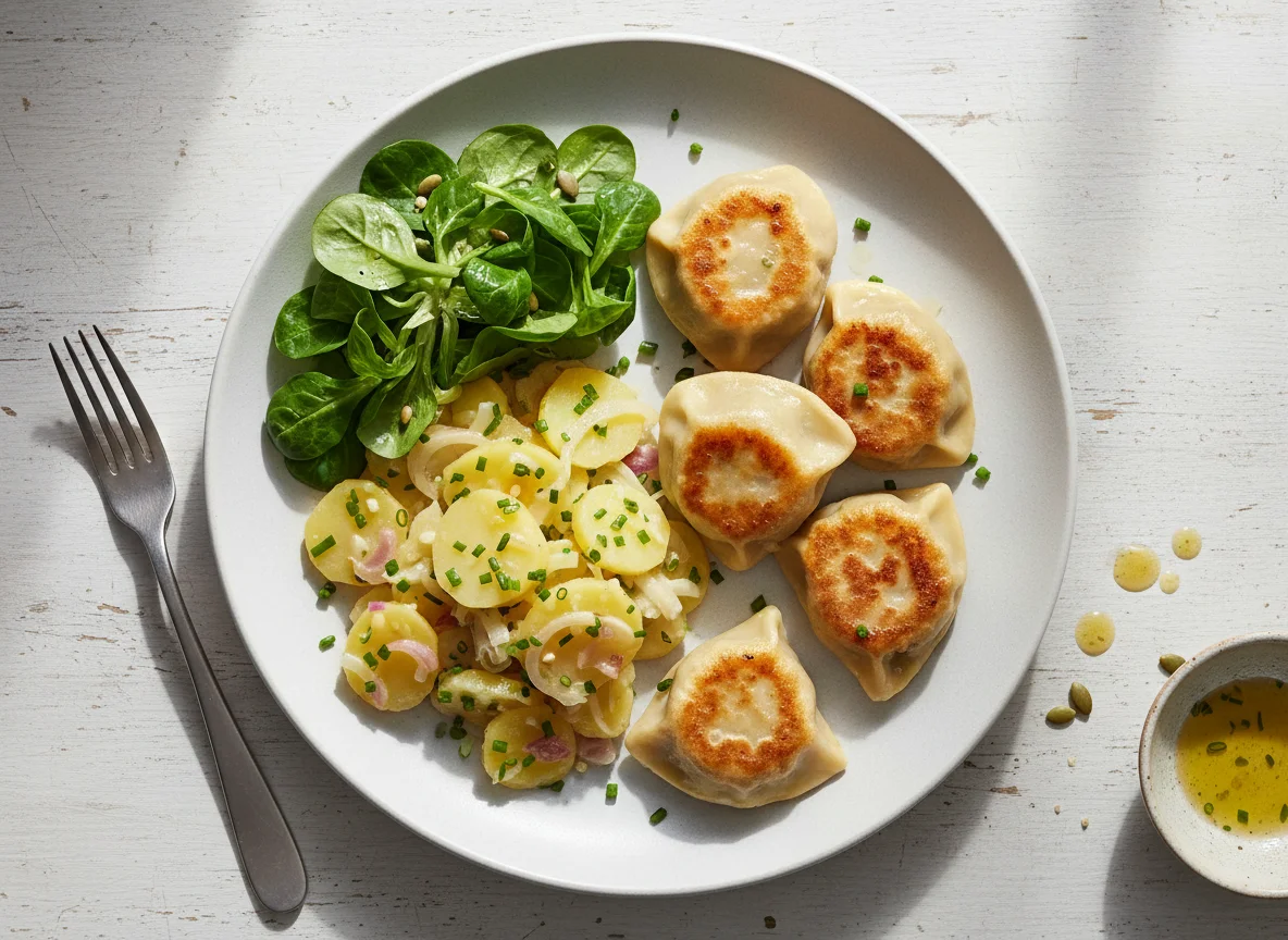 Maultaschen mit Kartoffelsalat und Feldsalat photo