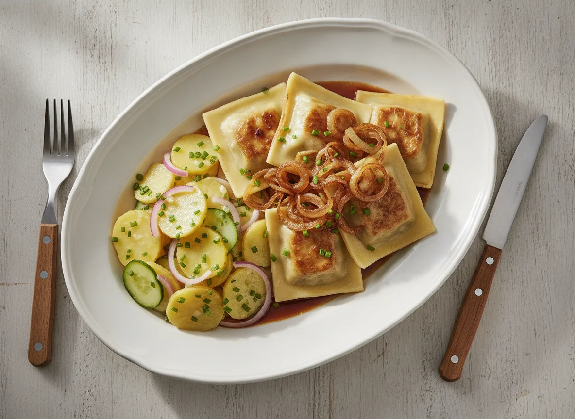 Maultaschen mit Kartoffelsalat und Schmorzwiebeln photo