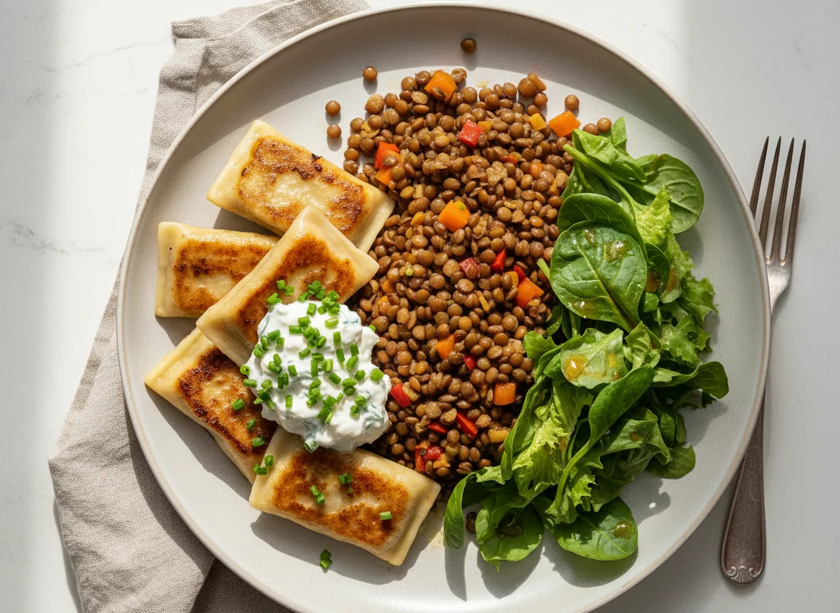 Maultaschen mit Linsensalat und Blattsalat photo