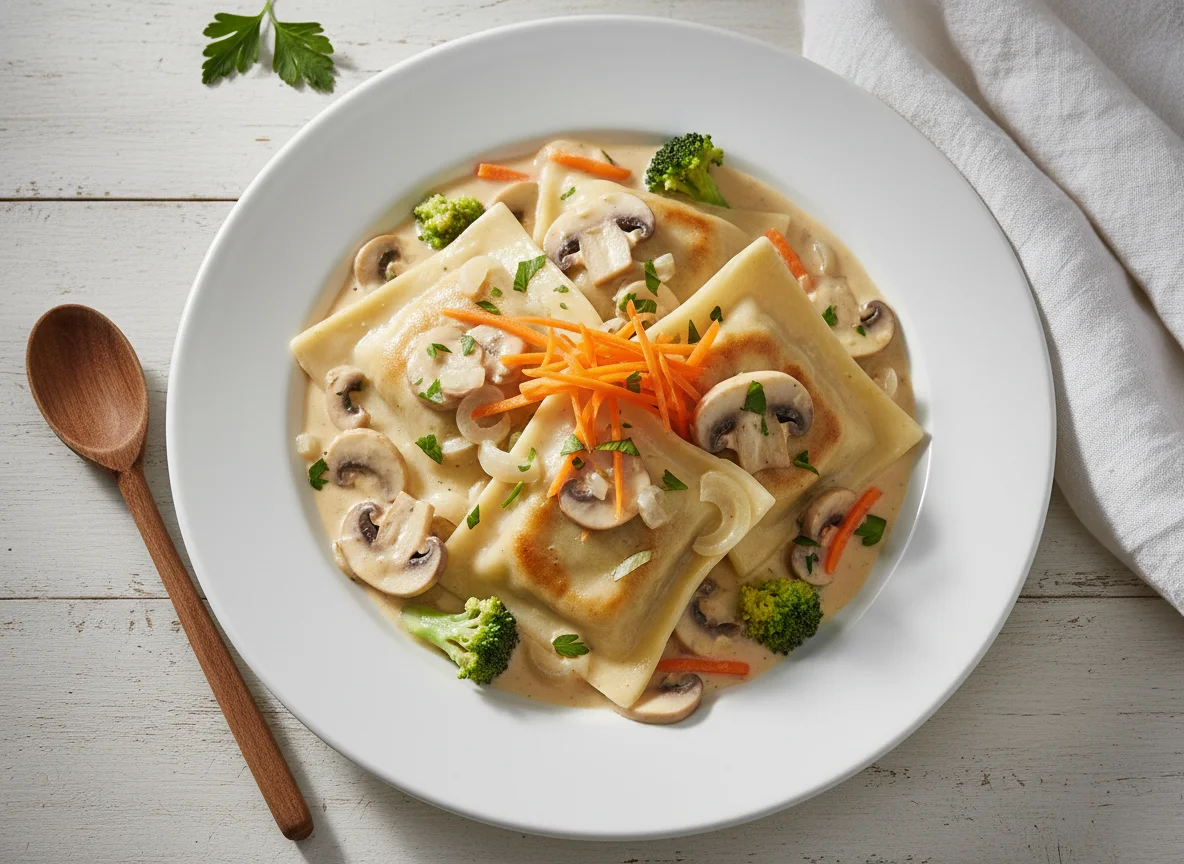 Maultaschen mit Pilz-Brokkoli-Rahmsauce und Karottenstreifen photo