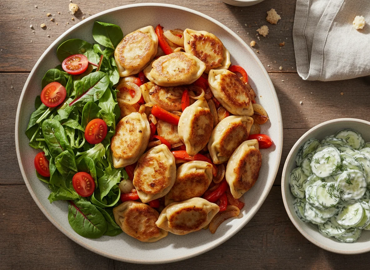 Maultaschenpfanne mit Salat und Gurkensalat photo