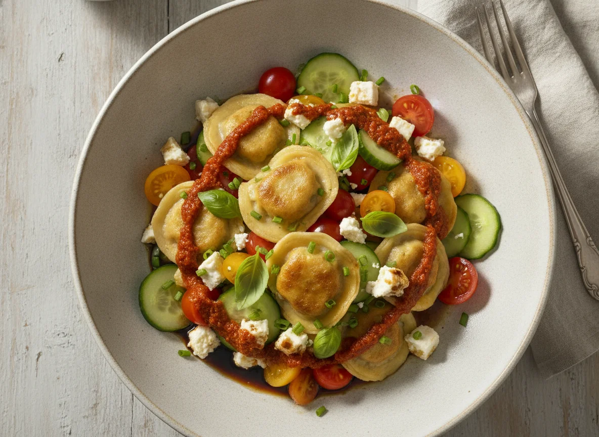 Maultaschen-Salat mit Feta und Tomatenpesto photo